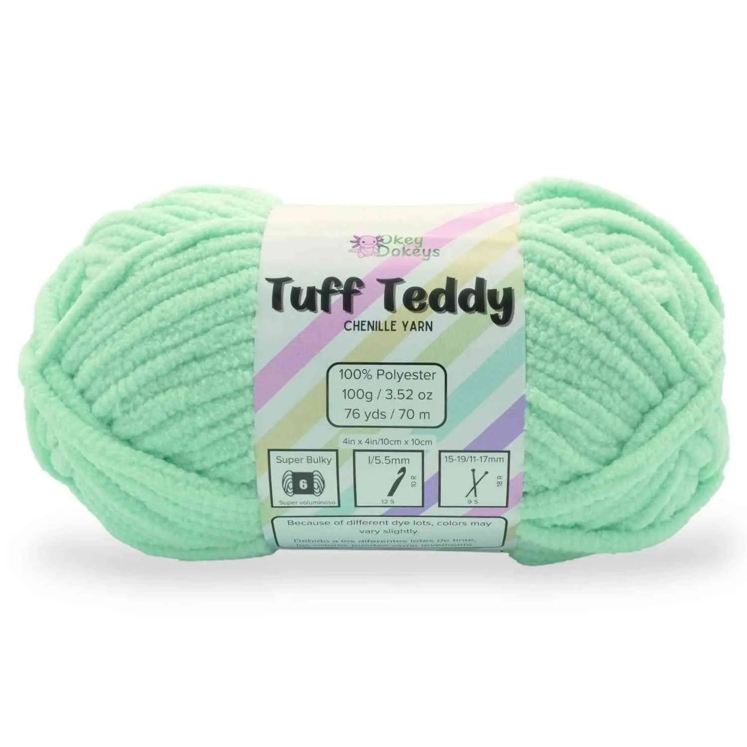 Light green skein of Tuff Teddy yarn with a label on a white background
