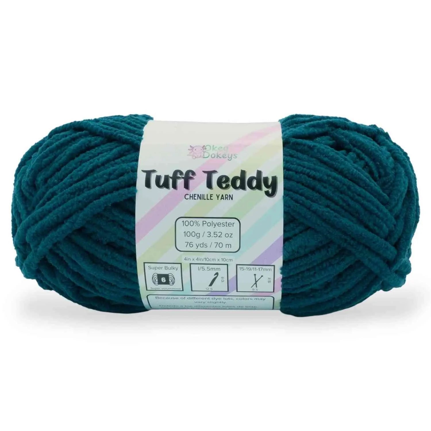 Teal skein of Tuff Teddy Chenille Yarn with a label on a white background