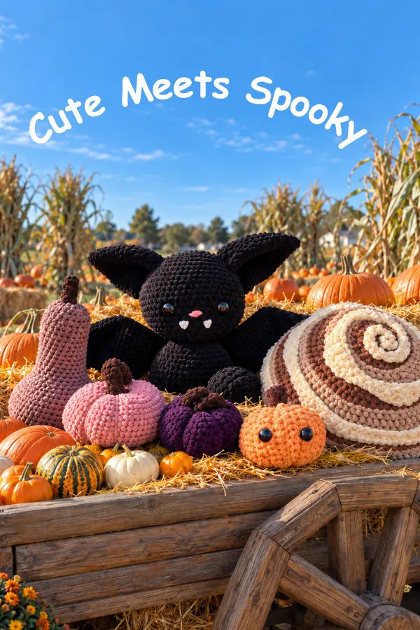 A crocheted black bat plush toy sits on a wooden cart surrounded by autumn decorations, including a pink crocheted gourd, a purple pumpkin, an orange pumpkin, a spiral-patterned pillow, and cornstalks in the background. The text 'Cute Meets Spooky' is overlaid at the top.