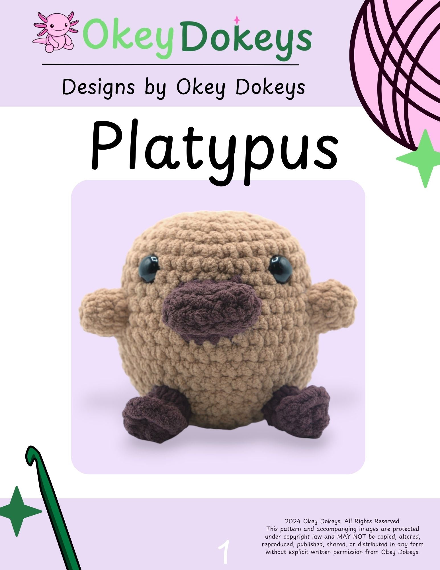 A crochet pattern for a plush platypus, showing the finished product with brown body, dark bill, and flippers. The pattern is designed by Okey Dokey and is intended for beginners.