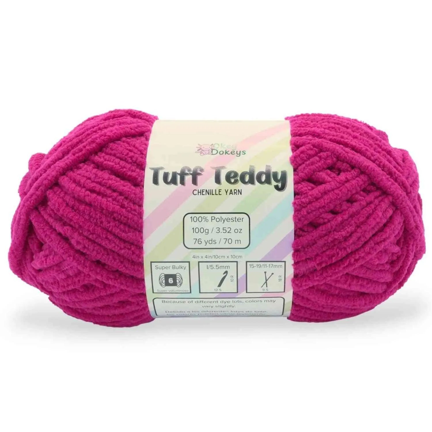 Pink skein of yarn with a label on a white background