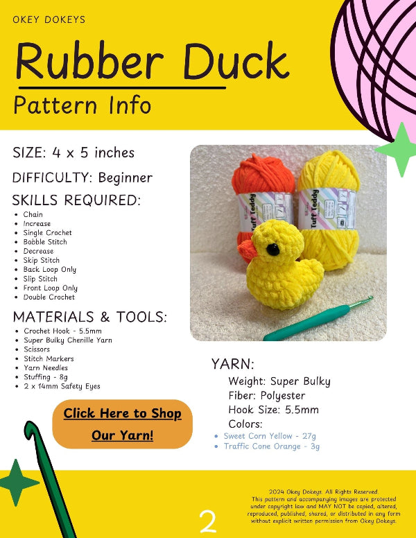 Pattern info sheet for a crochet rubber duck project with yarn and hook on a yellow background.