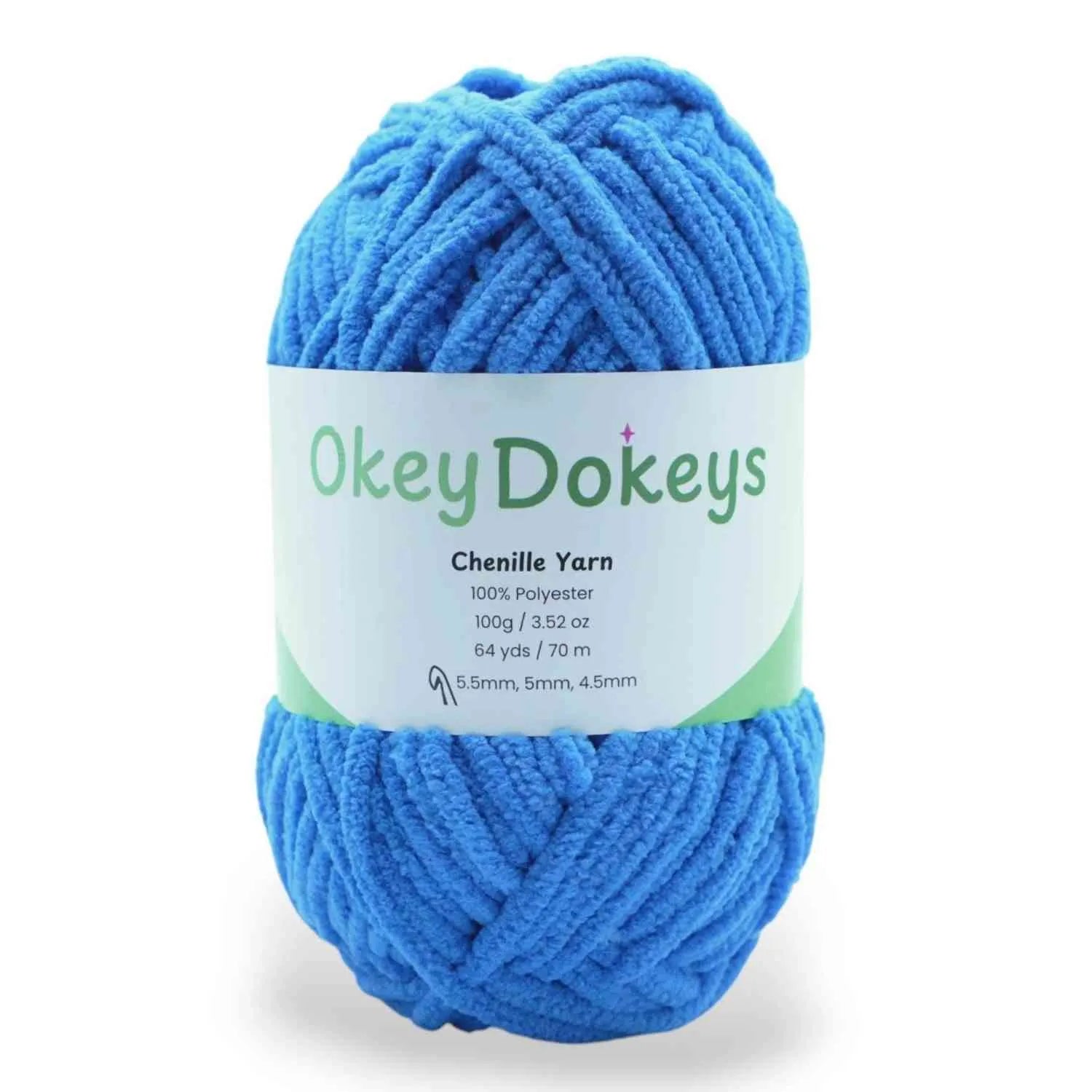 Blue skein of yarn with 'Okey Dokeys' label on a white background