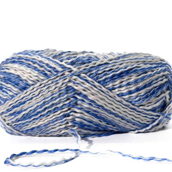 Blue and gray yarn ball on a white background