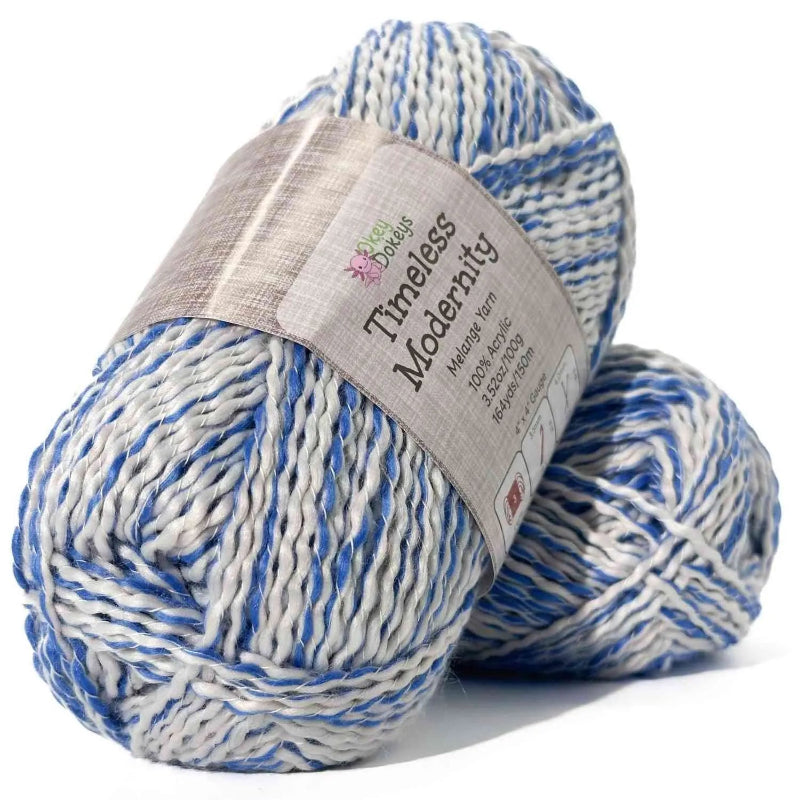 Two balls of yarn with a 'Timeless Modernity' label on a white background