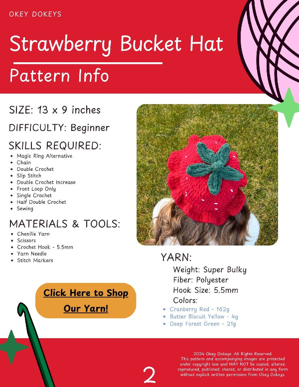 Strawberry bucket hat pattern info sheet with yarn and hook details.
