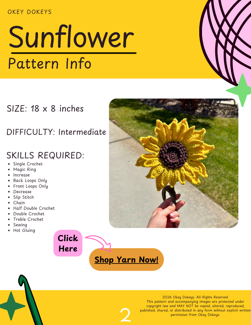 Sunflower pattern info sheet with a yellow sunflower and hand holding it on a yellow background.