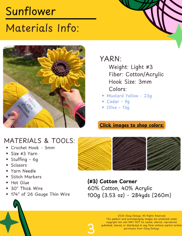 Sunflower crochet pattern with yarn and materials list on a yellow background