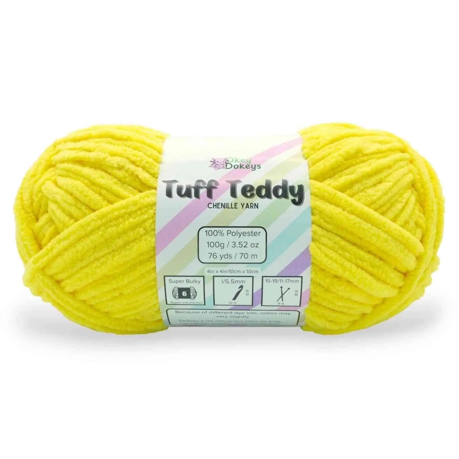 Yellow skein of Tuff Teddy yarn with a label on a white background