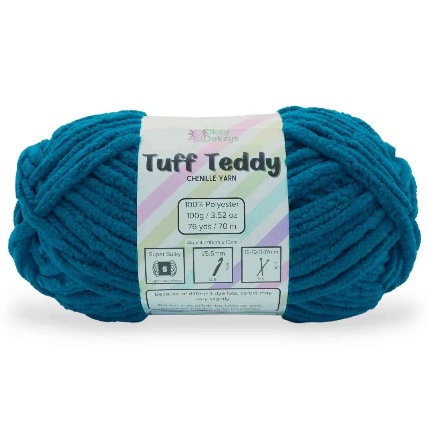 Teal skein of yarn with a label on a white background