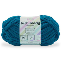 Teal skein of yarn with a label on a white background