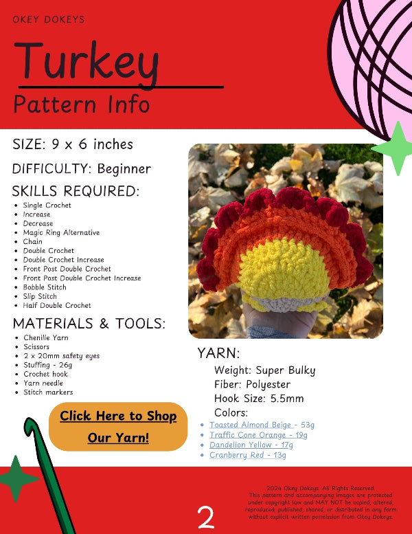 Crochet pattern information for a turkey hat with yarn and hook graphics on a red background.