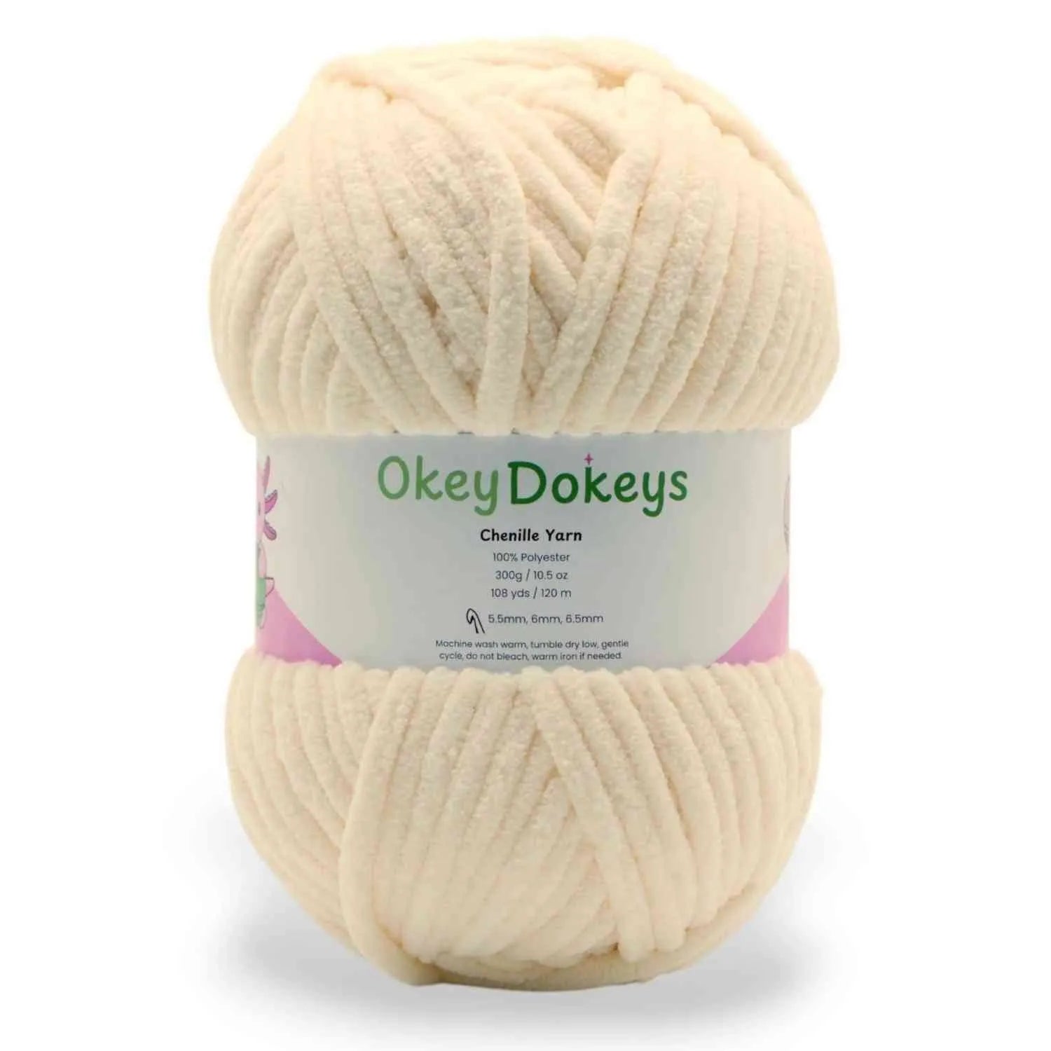 Cream-colored skein of yarn with a 'Okey Dokeys' label on a white background