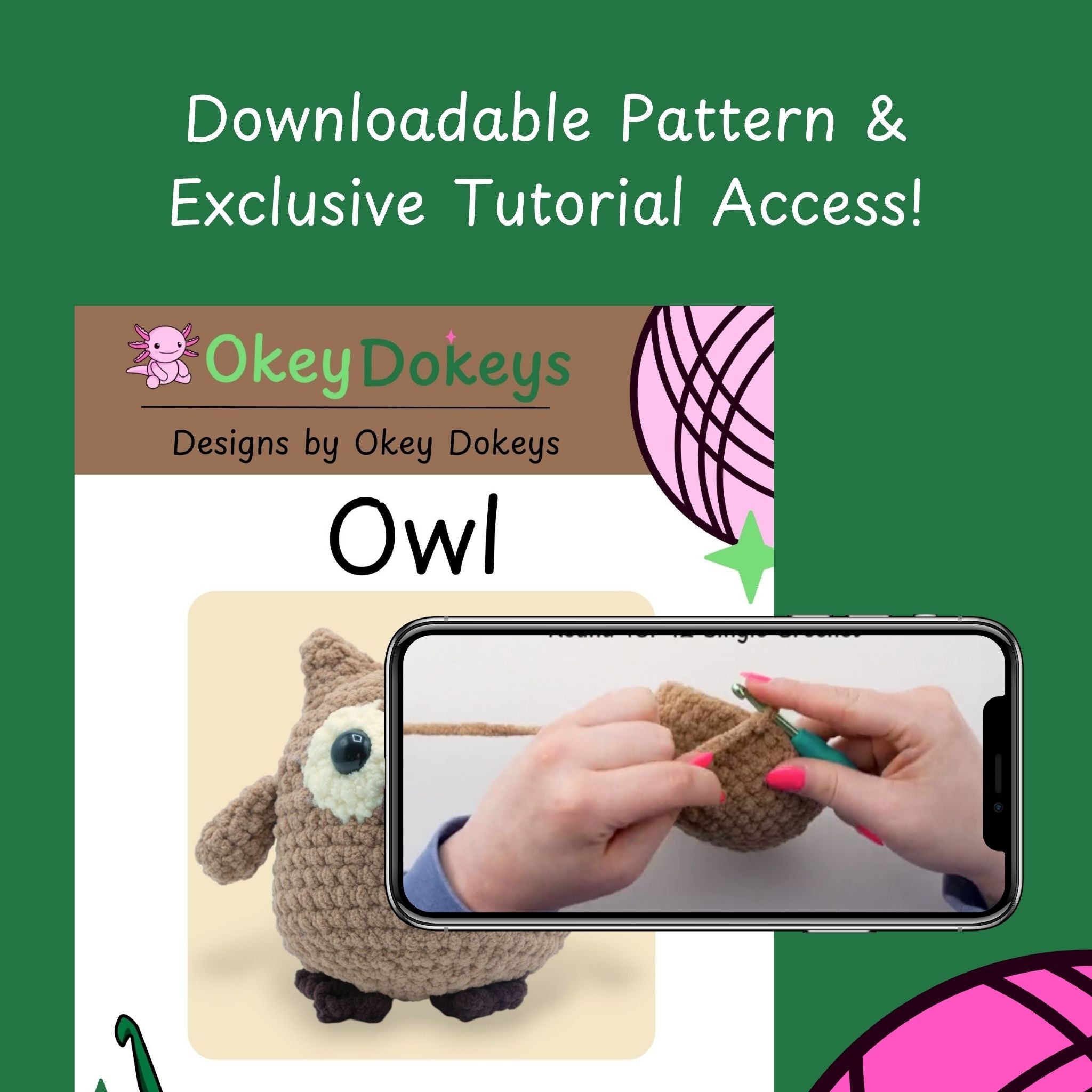 Hailey the owl crochet kit tutorial with green background